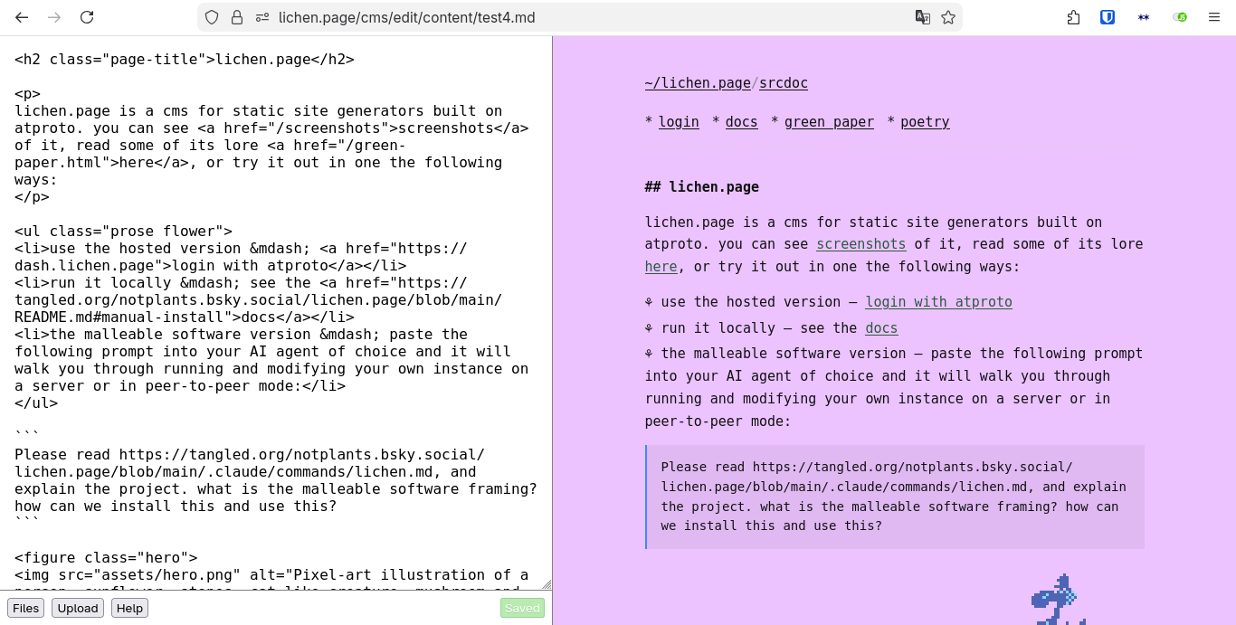 Side-by-side view of markdown source and rendered page