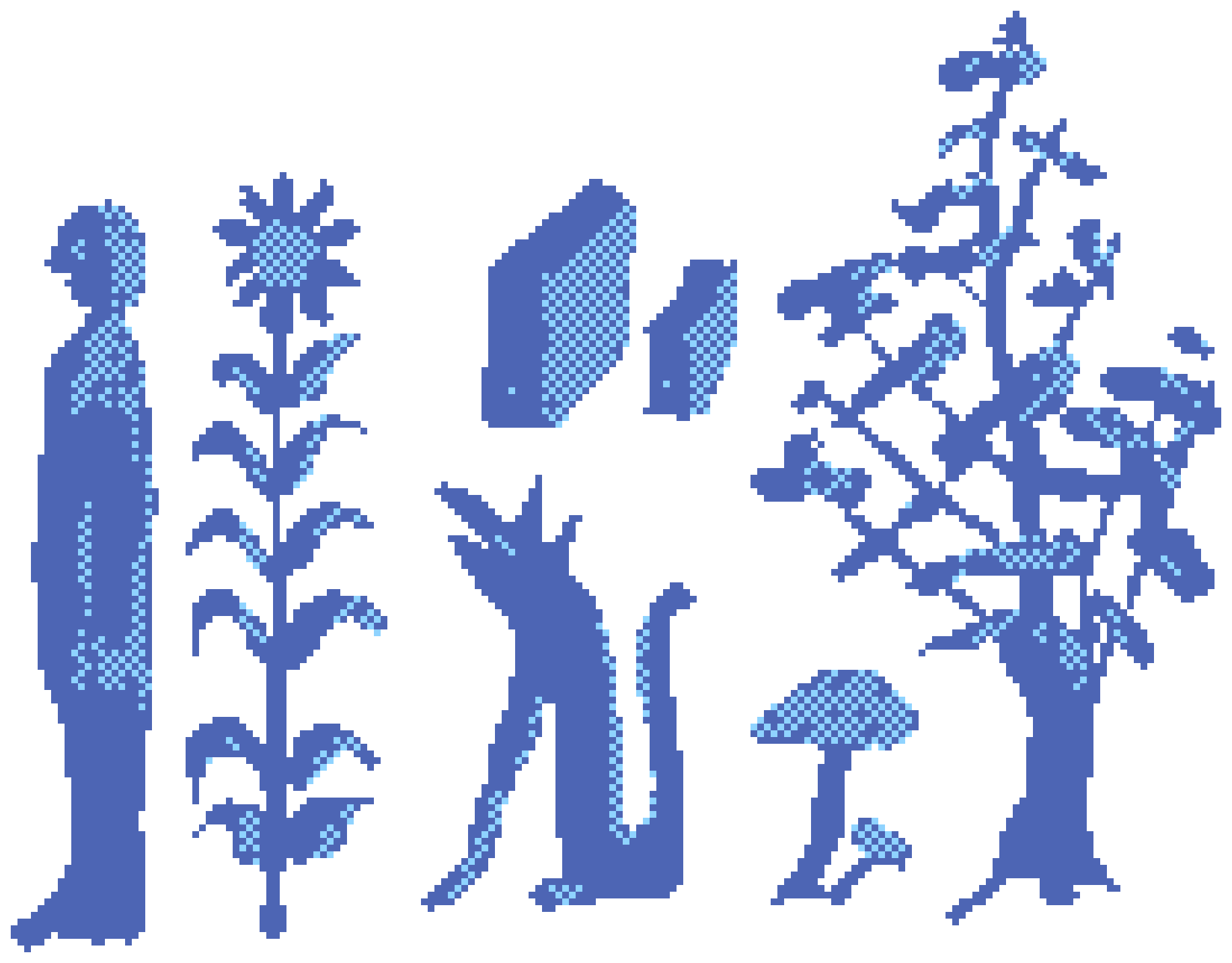 Pixel-art illustration of a person, sunflower, stones, cat-like creature, mushroom and tree.